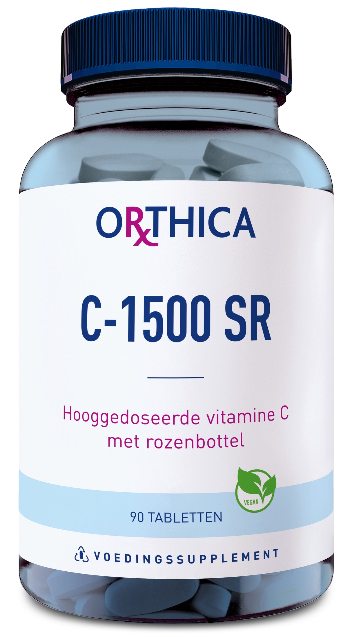 Das Bild zeigt eine Flasche mit einem Nahrungsergänzungsmittel. Auf dem Etikett steht 'Orthica C-1500 SR', 'Hooggedoseerde vitamine C met rozenbottel' und '90 tabletten'. Die Flasche hat einen blauen Deckel. Ein veganer Hinweis ist sichtbar.