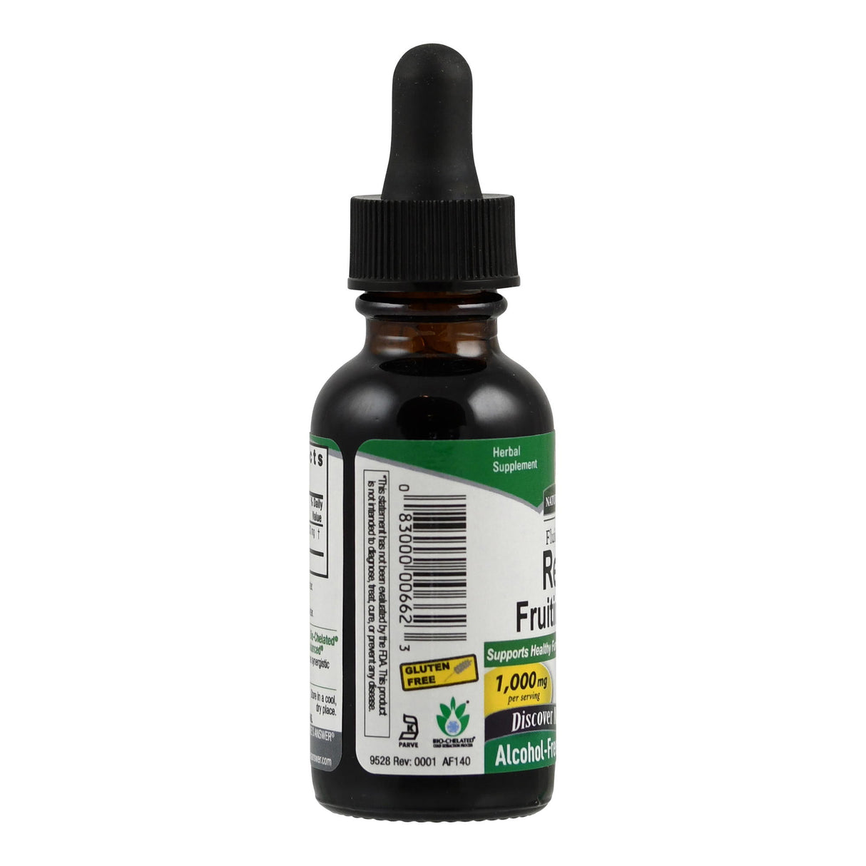 Das Bild zeigt eine braune Glasflasche mit Pipette, die ein flüssiges Nahrungsergänzungsmittel enthält. Auf dem Etikett steht "Gluten Free" und "Alcohol-Free". Die Flasche steht vor einem weißen Hintergrund.