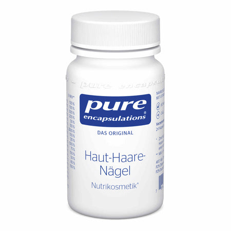 Das Bild zeigt eine weiße Plastikflasche mit einem Schraubverschluss. Auf dem Etikett steht 'pure encapsulations DAS ORIGINAL Haut-Haare-Nägel Nutrikosmetik'. Die Flasche ist auf einem weißen Hintergrund abgebildet.