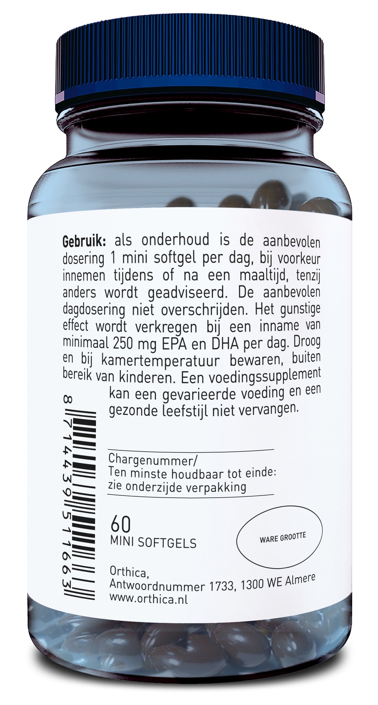 Die Abbildung zeigt ein Glas mit einem blauen Deckel, das 60 Mini-Softgels enthält. Auf dem Etikett steht eine Dosierungsanweisung auf Niederländisch. Die Marke ist Orthica, mit einer Adresse in Almere, Niederlande. Es gibt auch einen Barcode.