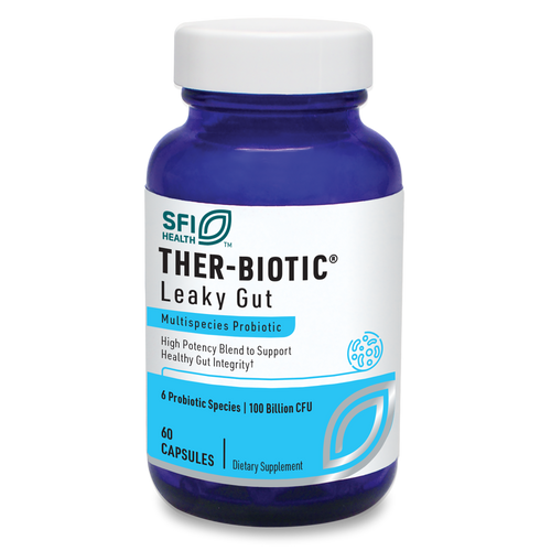 Eine blaue Flasche mit weißem Etikett zeigt ein Probiotikum von SFI Health namens THER-BIOTIC Leaky Gut. Das Etikett beschreibt es als Multispecies Probiotic mit 60 Kapseln und 100 Milliarden CFU.