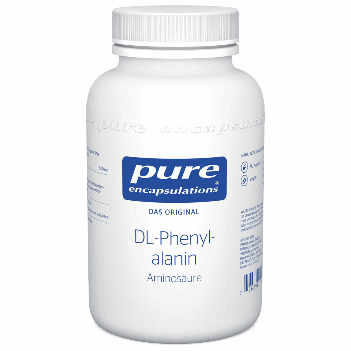 Eine weiße Plastikflasche mit einem Schraubverschluss. Auf dem Etikett steht 'pure encapsulations DL-Phenylalanin Aminosäure'. Die Flasche enthält 90 Kapseln und ist als vegan gekennzeichnet. Das Etikett ist blau und weiß gestaltet.