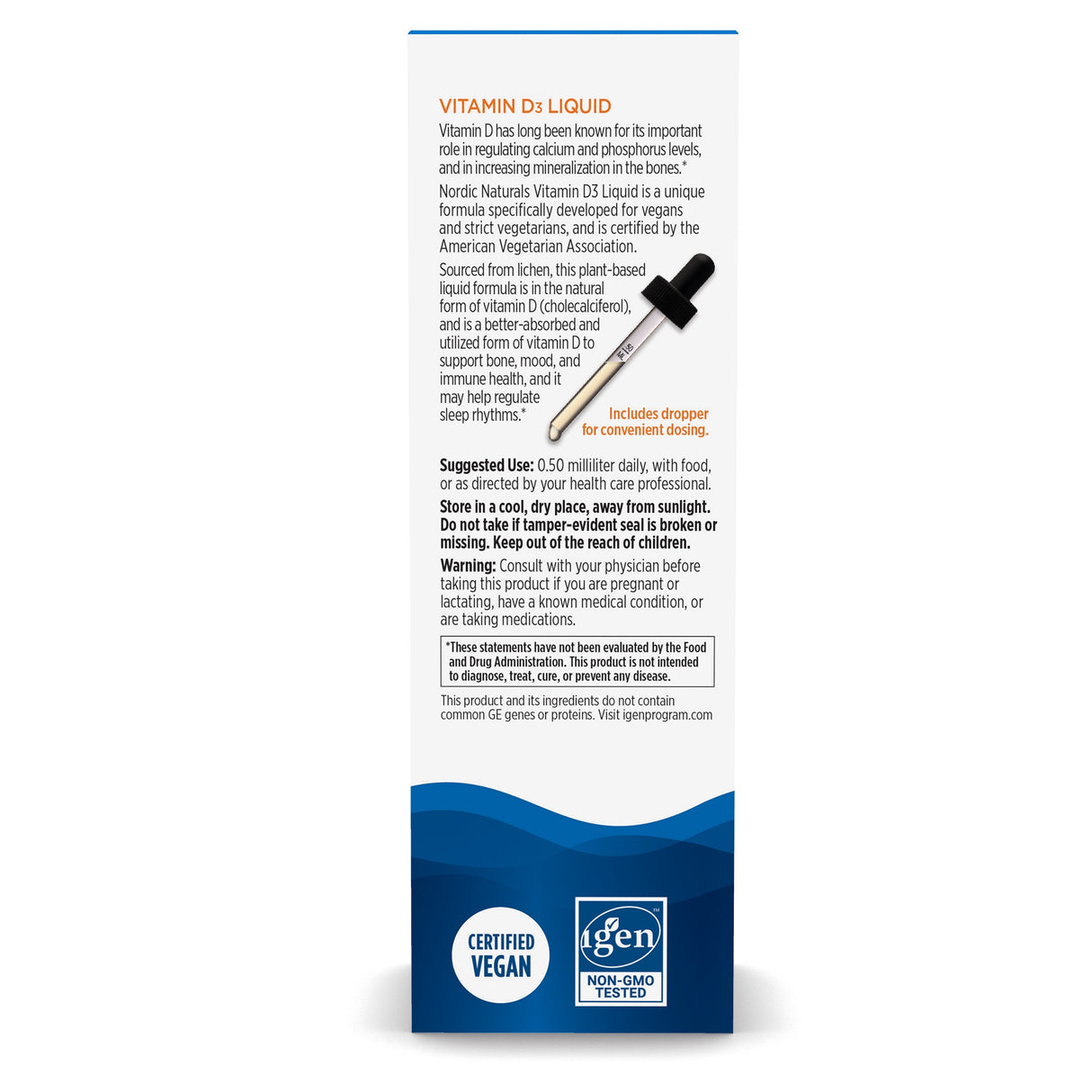 Etikett von Vitamin D3 Liquid mit Pipette. Hinweise zur Einnahme, Lagerung und Warnhinweise. Zertifiziert vegan, non-GMO.