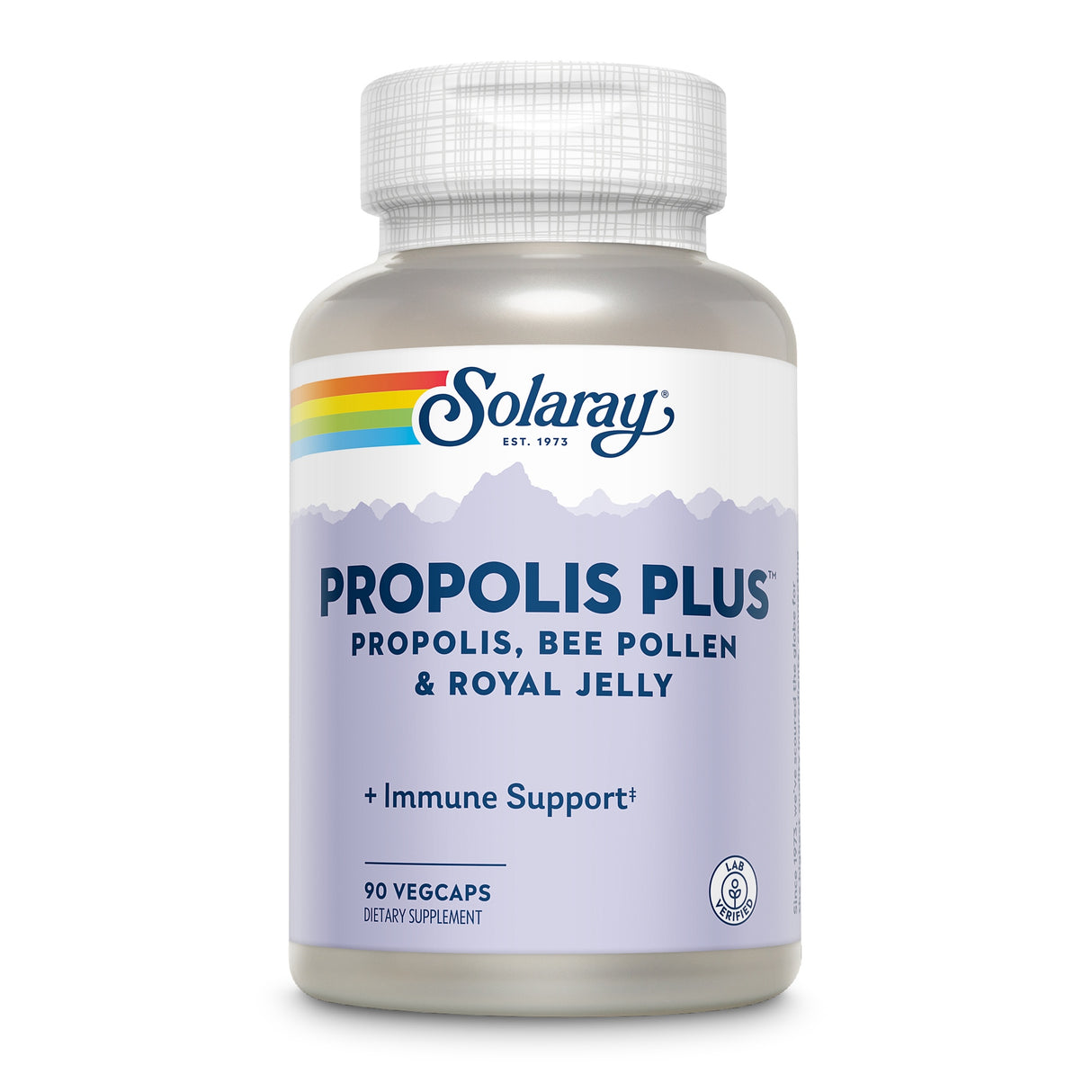 Das Bild zeigt eine Flasche Solaray Propolis Plus Nahrungsergänzungsmittel mit 90 VegCaps. Die Etikette ist lila mit einem Regenbogenstreifen und enthält Informationen über Propolis, Bienenpollen und Gelée Royale. Das Produkt bietet Unterstützung für das Immunsystem.
