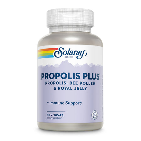 Das Bild zeigt eine Flasche Solaray Propolis Plus Nahrungsergänzungsmittel mit 90 VegCaps. Die Etikette ist lila mit einem Regenbogenstreifen und enthält Informationen über Propolis, Bienenpollen und Gelée Royale. Das Produkt bietet Unterstützung für das Immunsystem.