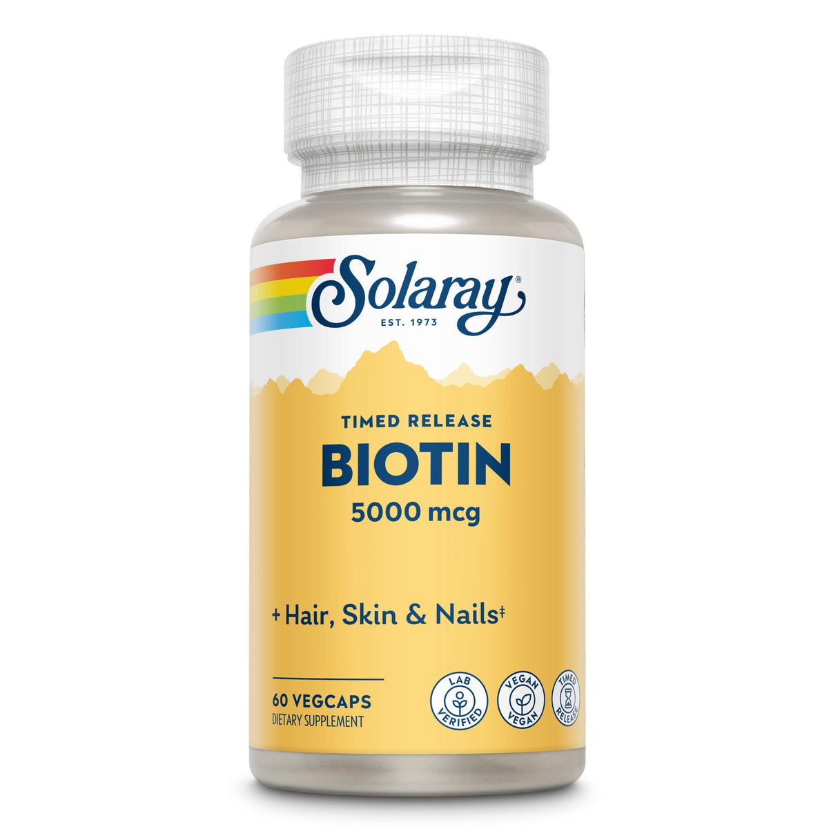 Biotin-Nahrungsergänzungsmittel von Solaray mit 5000 mcg, 60 Vegcaps. Fördert Haare, Haut und Nägel. Timed Release, vegan, laborgeprüft.