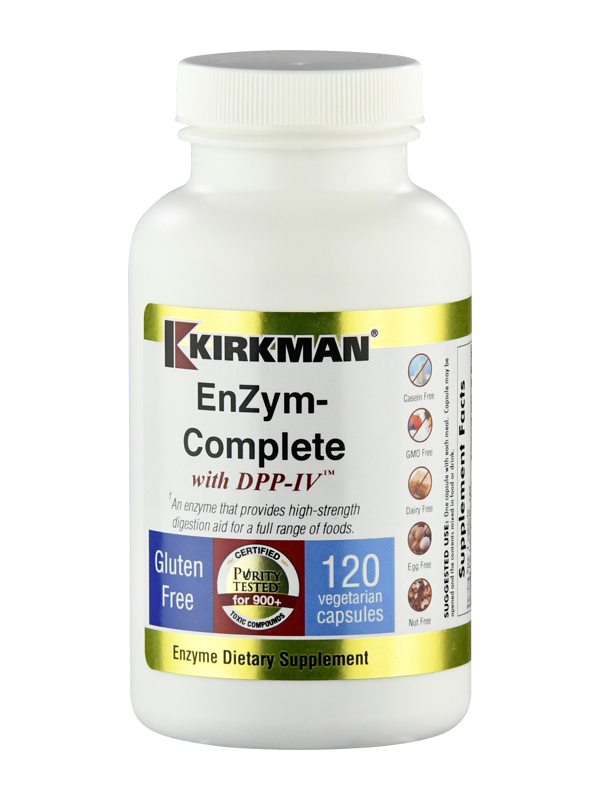 Eine weiße Flasche mit dem Aufdruck 'Kirkman EnZym-Complete mit DPP-IV'. Die Flasche enthält 120 vegetarische Kapseln. Auf der Flasche sind verschiedene Symbole, die anzeigen, dass das Produkt glutenfrei, kaseinfrei, GMO-frei, milchfrei, eifrei und nussfrei ist. Der Text 'Certified Purity Tested for 900+ Toxic Compounds' ist ebenfalls sichtbar.