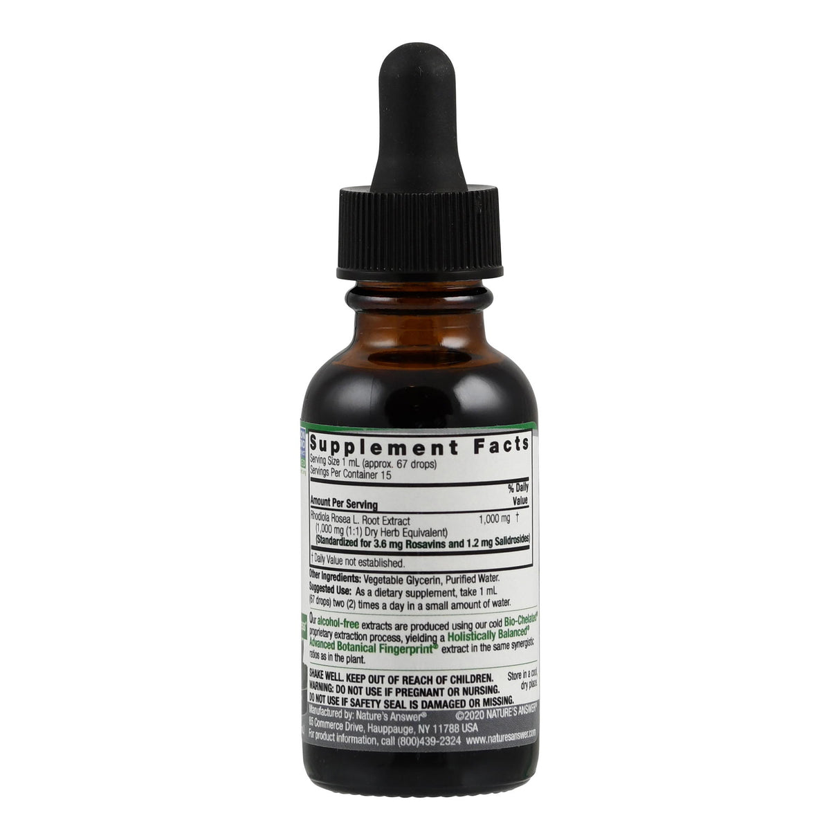 Eine braune Glasflasche mit schwarzem Tropfverschluss und einem Etikett mit Nährwertangaben. Das Etikett beschreibt ein Nahrungsergänzungsmittel mit Rhodiola Rosea L.-Wurzelextrakt. Die Flasche steht vor einem weißen Hintergrund.