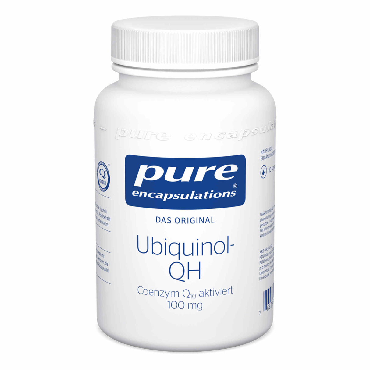 Das Bild zeigt eine weiße Flasche mit einem blauen Etikett. Auf dem Etikett steht 'pure encapsulations', 'Das Original', 'Ubiquinol-QH', und 'Coenzym Q10 aktiviert 100 mg'. Die Flasche hat einen weißen Schraubverschluss. Es handelt sich um ein Nahrungsergänzungsmittel.