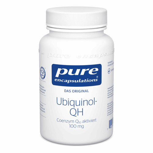 Das Bild zeigt eine weiße Flasche mit einem blauen Etikett. Auf dem Etikett steht 'pure encapsulations', 'Das Original', 'Ubiquinol-QH', und 'Coenzym Q10 aktiviert 100 mg'. Die Flasche hat einen weißen Schraubverschluss. Es handelt sich um ein Nahrungsergänzungsmittel.
