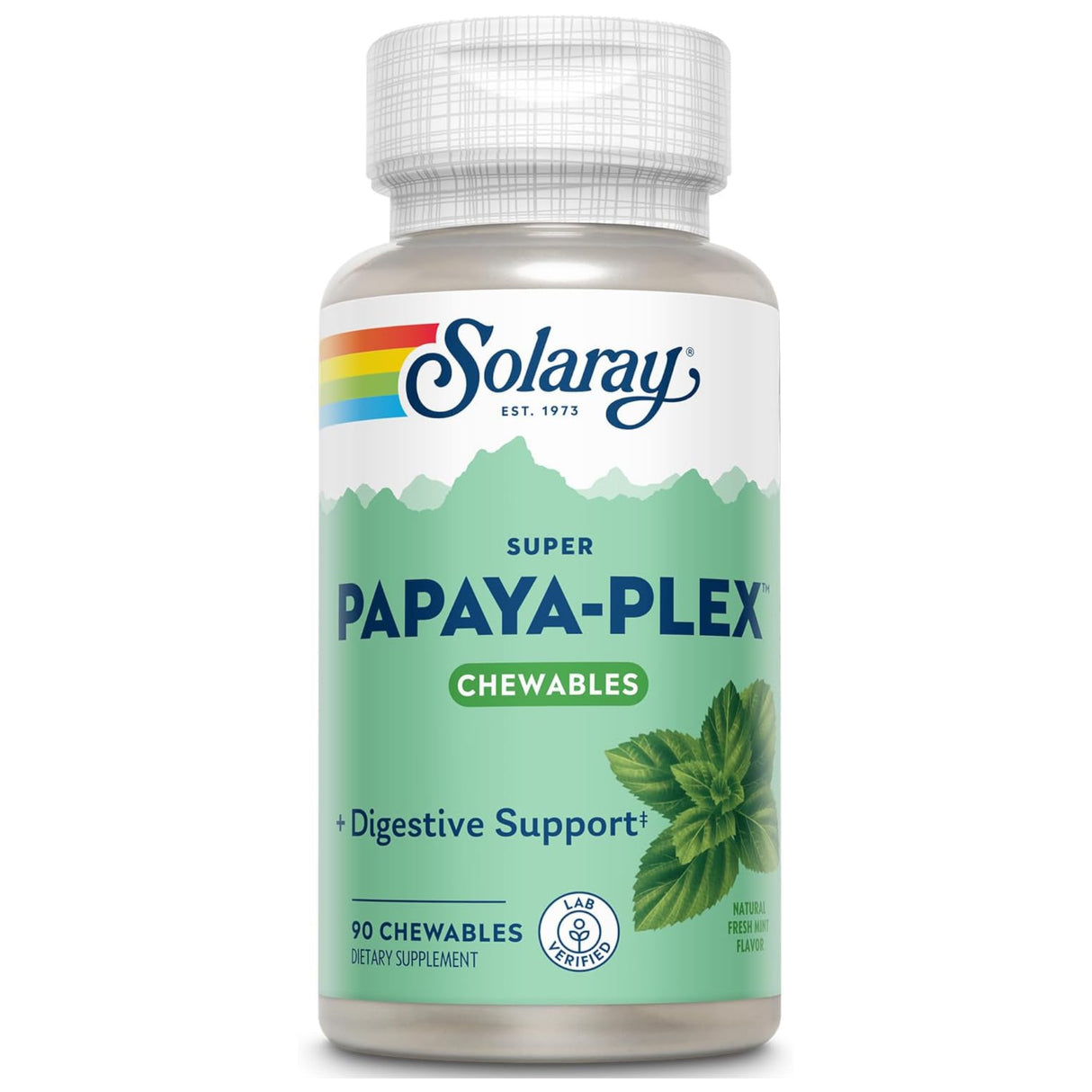 Eine Flasche Solaray Super Papaya-Plex Chewables mit 90 Kautabletten zur Unterstützung der Verdauung. Das Etikett zeigt einen Regenbogenstreifen und grüne Blätter. Die Flasche ist transparent mit einem weißen Deckel.