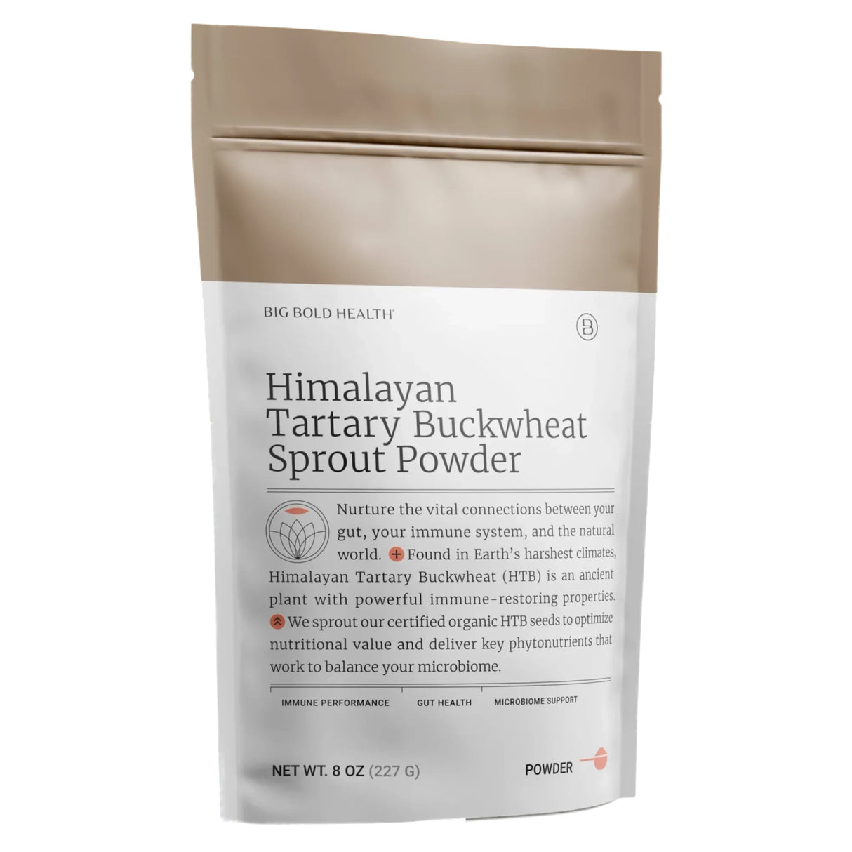 Eine Verpackung von "Himalayan Tartary Buckwheat Sprout Powder" von Big Bold Health. Die Verpackung ist beige und weiß, mit Text über die gesundheitlichen Vorteile des Produkts. Das Gewicht beträgt 8 Unzen (227 Gramm).