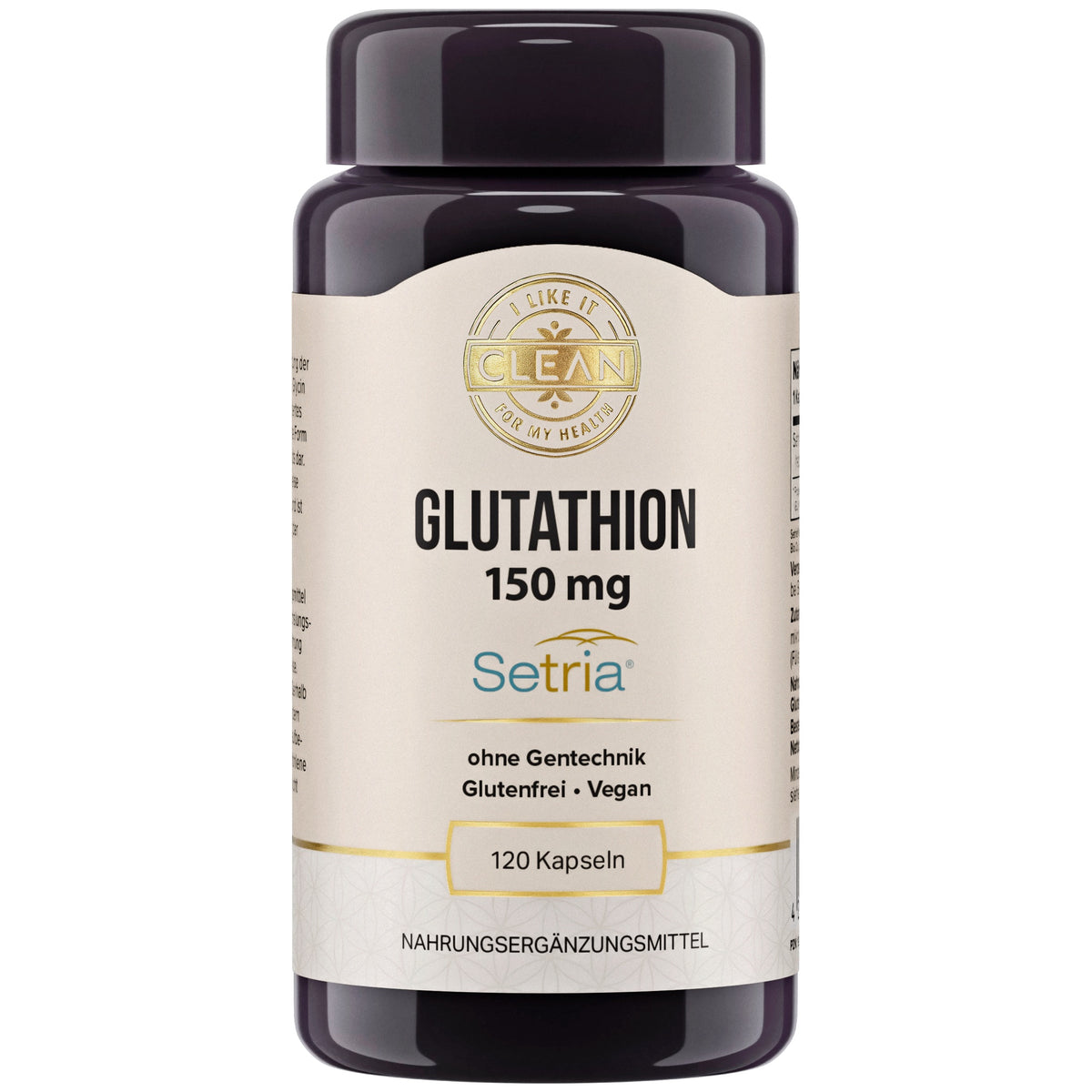 Eine braune Plastikdose mit der Aufschrift 'Glutathion 150 mg, Setria, ohne Gentechnik, Glutenfrei, Vegan, 120 Kapseln'. Das Etikett zeigt auch 'Nahrungsergänzungsmittel'.