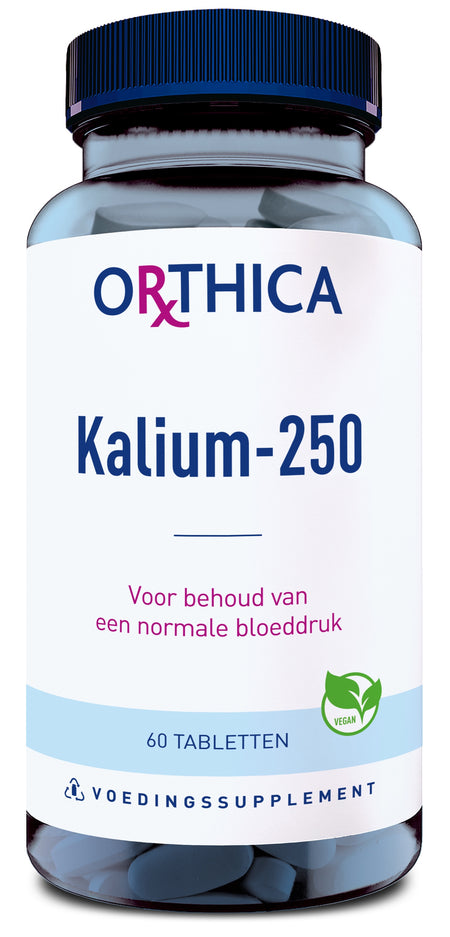 Eine Flasche mit der Aufschrift 'ORTHICA Kalium-250', die 60 Tabletten enthält. Die Verpackung ist blau und weiß mit einem veganen Symbol.