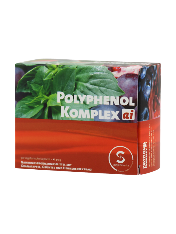 Verpackung eines Nahrungsergänzungsmittels mit Polyphenolen, Granatapfel, Grüntee und Heidelbeerextrakt. Enthält 90 vegetarische Kapseln.