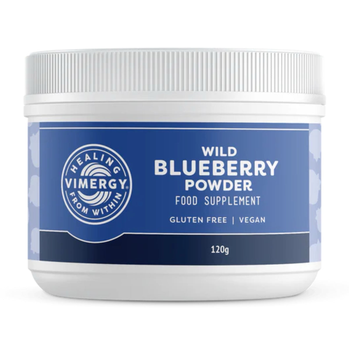 Ein weißer Kunststoffbehälter mit blauem Etikett, auf dem 'Wild Blueberry Powder' steht. Das Produkt ist glutenfrei und vegan.