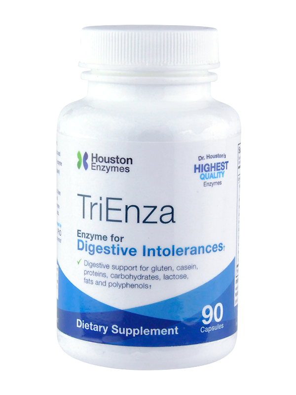 Die Abbildung zeigt eine weiße Flasche des Nahrungsergänzungsmittels TriEnza von Houston Enzymes. Auf dem Etikett steht: "Enzyme for Digestive Intolerances" und "90 Capsules". Die Flasche hat einen weißen Schraubverschluss und das Etikett ist in Blau und Grün gehalten.