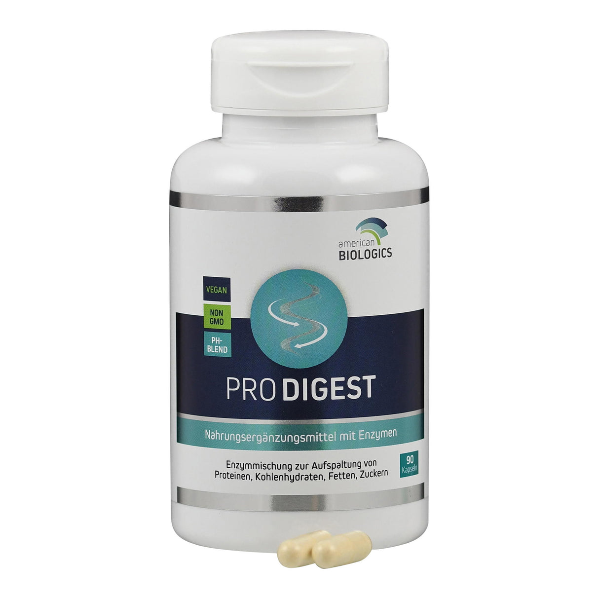 Flasche "PRO DIGEST" von American Biologics, ein Nahrungsergänzungsmittel mit Enzymen. Enthält 90 Kapseln, vegan, non-GMO, pH-blend.