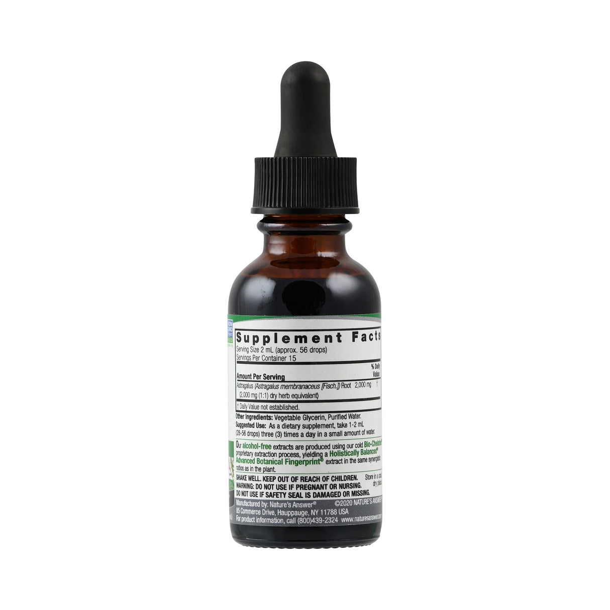 Das Bild zeigt eine braune Glasflasche mit schwarzem Tropfverschluss. Auf der Flasche befindet sich ein Etikett mit der Aufschrift "Supplement Facts". Die Flasche steht vor einem weißen Hintergrund.