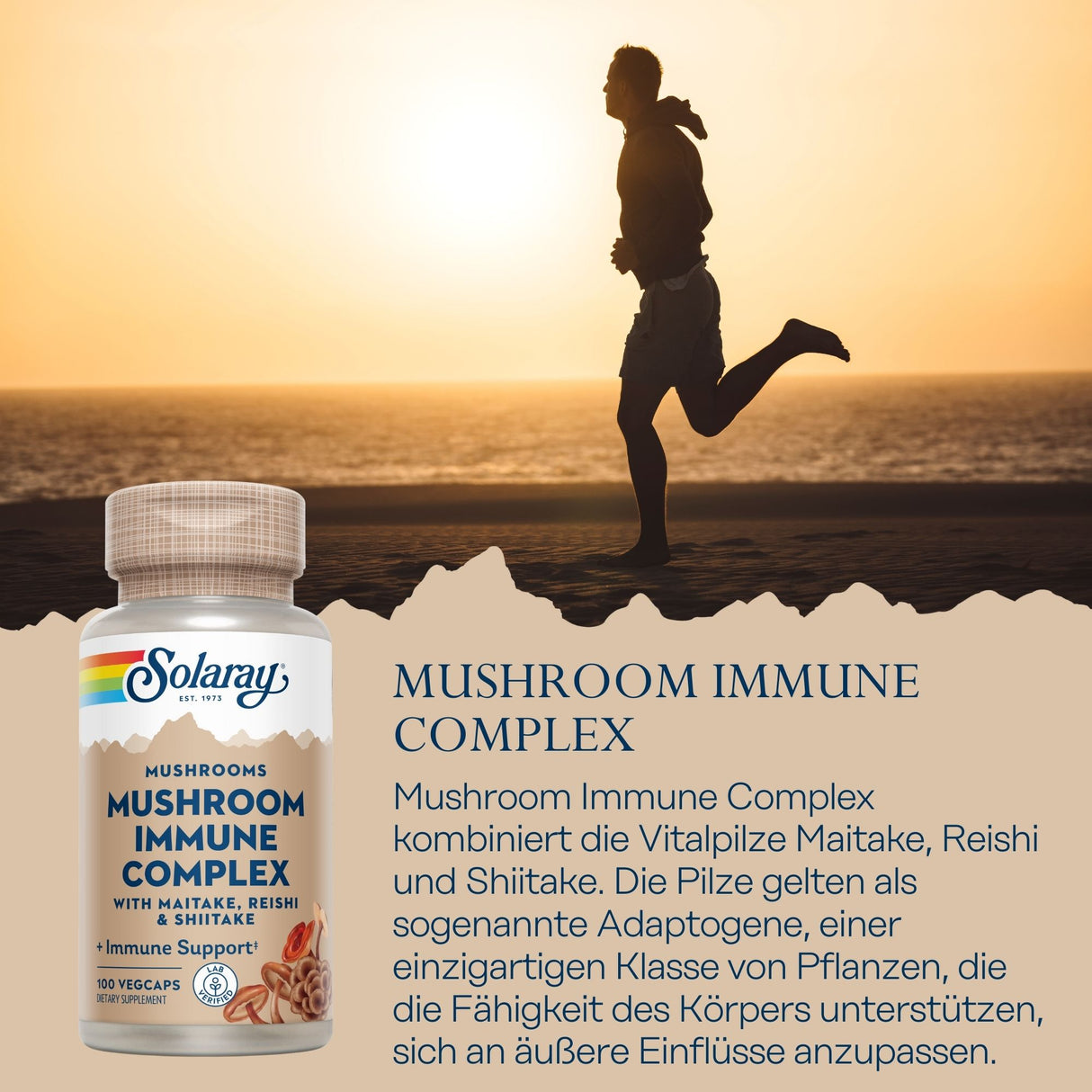 Person joggt am Strand bei Sonnenuntergang, Solaray Mushroom Immune Complex Produktabbildung und Beschreibung.