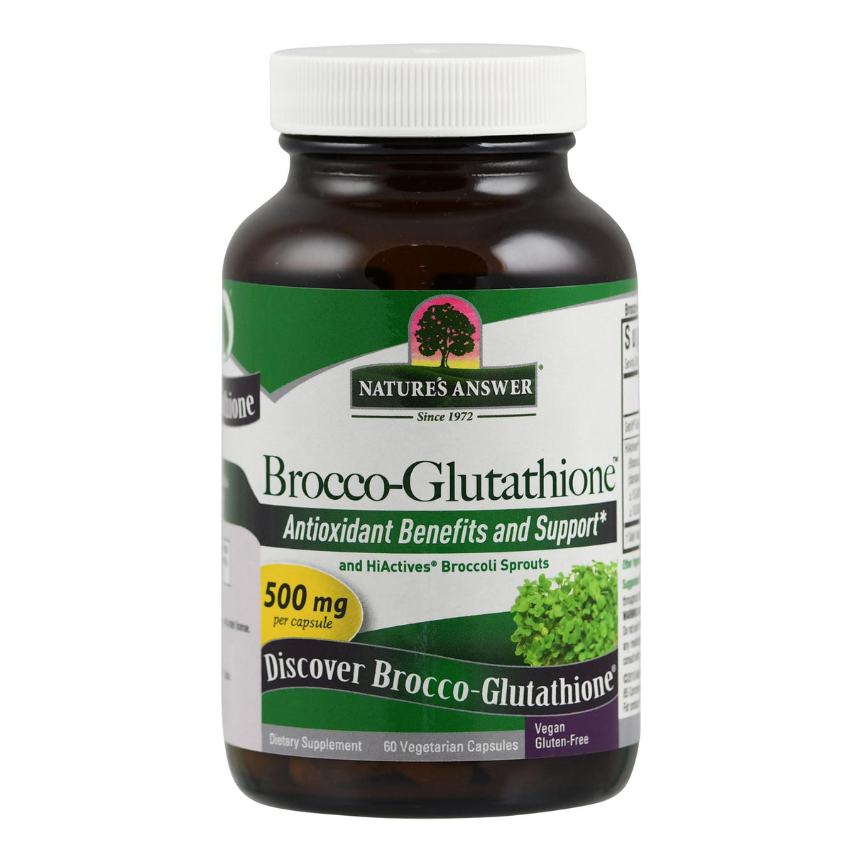 Eine braune Plastikflasche mit weißem Deckel. Auf dem Etikett steht 'Brocco-Glutathione' von Nature's Answer, 500 mg pro Kapsel. Die Flasche enthält 60 vegetarische, glutenfreie Kapseln. Das Etikett zeigt auch Brokkolisprossen.