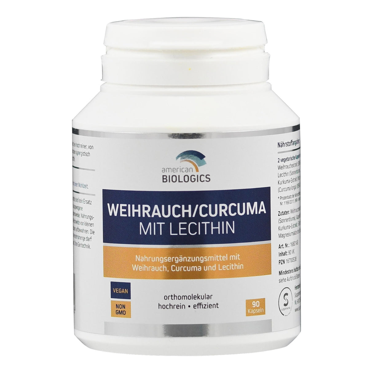 Dose mit Nahrungsergänzungsmittel "Weihrauch/Curcuma mit Lecithin" von American Biologics, 90 Kapseln, vegan, nicht gentechnisch verändert.