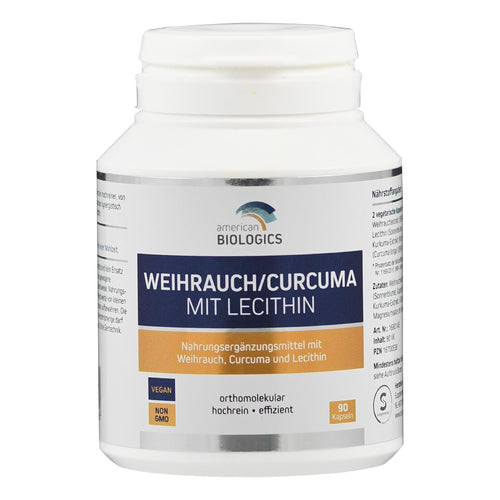 Dose mit Nahrungsergänzungsmittel "Weihrauch/Curcuma mit Lecithin" von American Biologics, 90 Kapseln, vegan, nicht gentechnisch verändert.