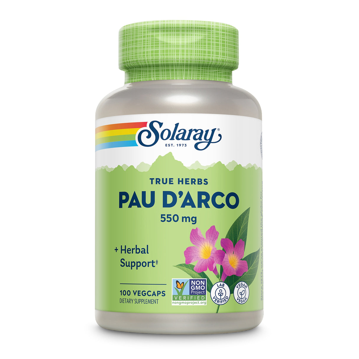 Flasche Solaray True Herbs Pau D'Arco 550 mg, 100 Vegcaps, Nahrungsergänzungsmittel mit pflanzlicher Unterstützung, Non-GMO, vegan.