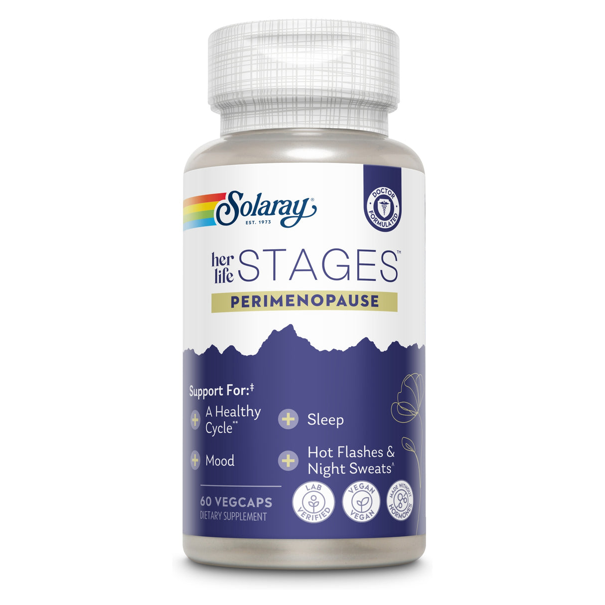 Die Abbildung zeigt eine Flasche mit Nahrungsergänzungsmitteln der Marke Solaray. Auf dem Etikett steht 'her life STAGES PERIMENOPAUSE'. Die Flasche ist weiß mit einem violetten Etikett und enthält 60 vegane Kapseln. Sie bietet Unterstützung für einen gesunden Zyklus, Schlaf, Stimmung und Hitzewallungen. Auf dem Etikett sind Symbole für 'Lab Verified', 'Vegan' und 'Non-GMO' zu sehen.