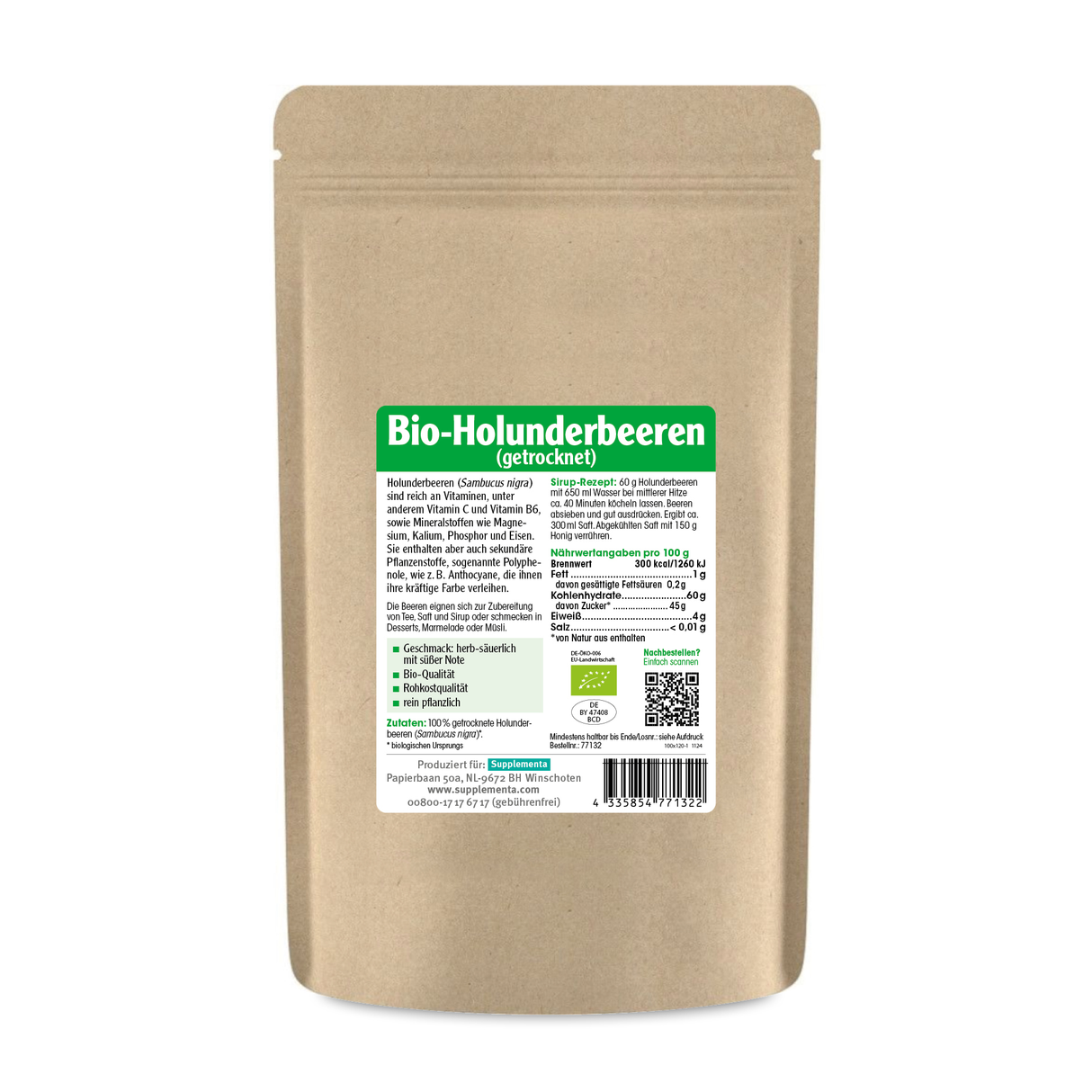 Eine braune Verpackungstüte mit einem Etikett, das "Bio-Holunderbeeren (getrocknet)" zeigt. Das Etikett enthält Informationen zu Inhaltsstoffen, Nährwerten und einem Rezeptvorschlag. Ein QR-Code ist ebenfalls vorhanden. Die Verpackung steht aufrecht vor einem weißen Hintergrund.