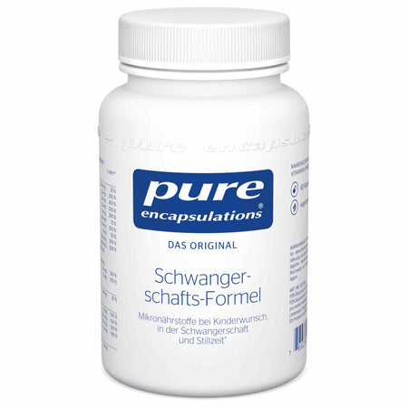 Ein weißer Behälter mit einem blauen Etikett der Marke 'pure encapsulations'. Auf dem Etikett steht 'Schwangerschafts-Formel' und es wird für Mikronährstoffe bei Kinderwunsch, Schwangerschaft und Stillzeit geworben. Der Behälter ist zylindrisch mit einem Schraubdeckel. Auf der rechten Seite des Etiketts sind Symbole für glutenfrei und vegan abgebildet.