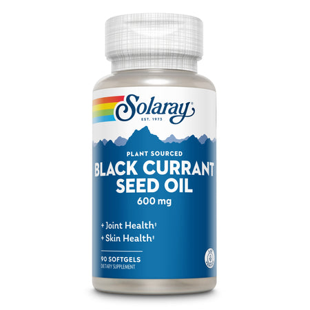 Eine Flasche mit dem Etikett 'Solaray Black Currant Seed Oil 600 mg'. Die Flasche ist blau und weiß mit einem Regenbogenstreifen oben. Sie enthält 90 Softgel-Kapseln und betont die Vorteile für Gelenk- und Hautgesundheit. Das Produkt ist pflanzlich.