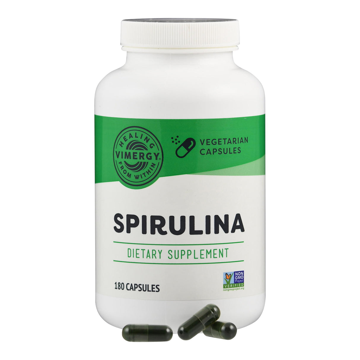 Weiße Flasche mit grünem Etikett, Aufschrift "Spirulina Dietary Supplement", 180 vegetarische Kapseln. Marke: Vimergy.