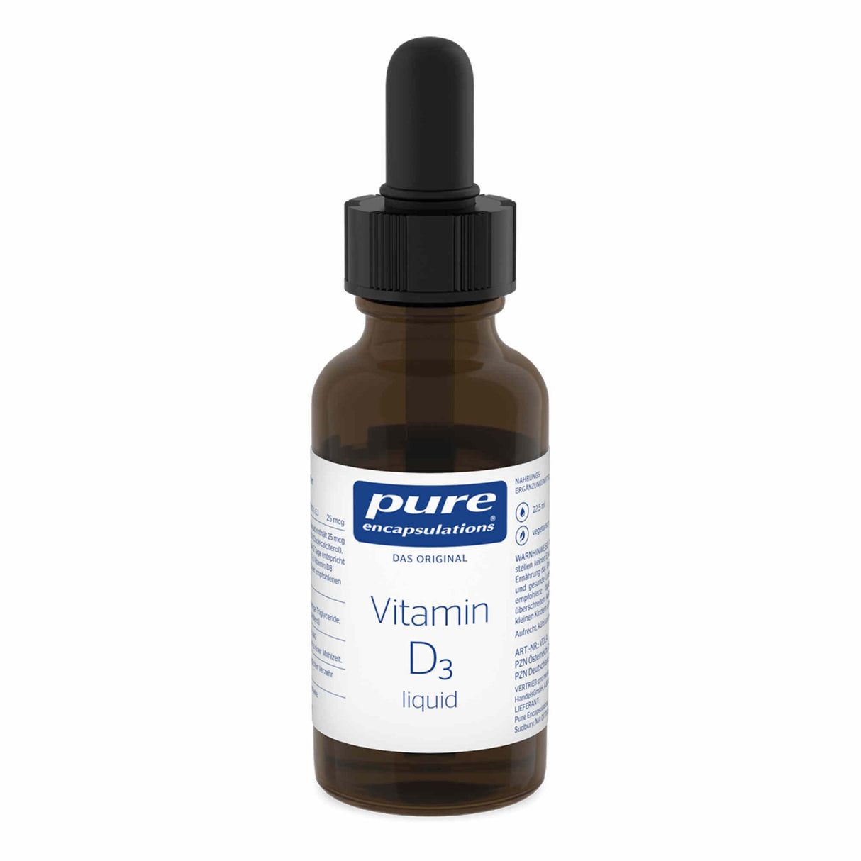 Eine braune Glasflasche mit einer weißen Etikette, auf der "pure encapsulations Vitamin D3 liquid" steht. Die Flasche hat einen schwarzen Tropfverschluss.