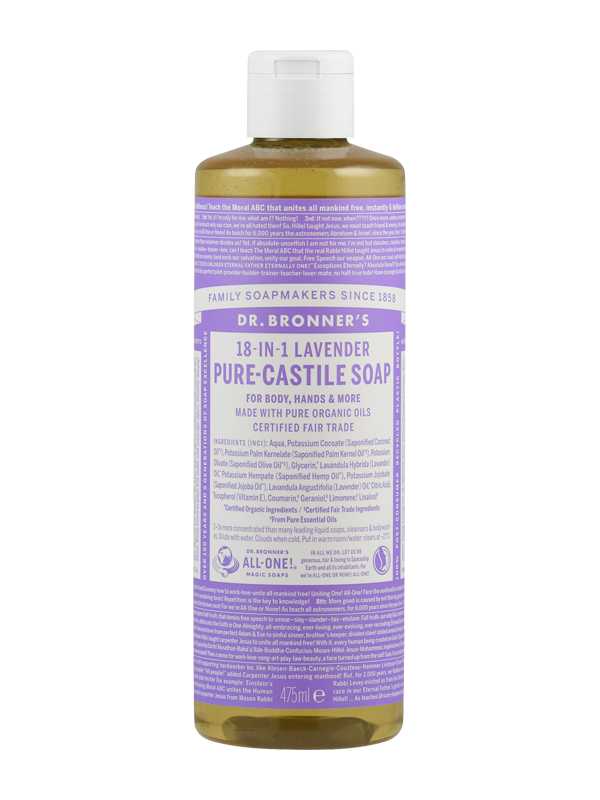 Das Bild zeigt eine Flasche Dr. Bronner's 18-in-1 Lavendel Pure-Castile Seife. Die Flasche ist zylinderförmig und hat ein lila Etikett mit weißen und lila Texten. Die Seife ist für Körper, Hände und mehr geeignet und besteht aus zertifizierten Bio-Ölen. Sie ist fair gehandelt und vegan. Die Flasche hat einen weißen Verschluss und fasst 475 ml. Auf dem Etikett sind zahlreiche Informationen zu Inhaltsstoffen und Nutzungsmöglichkeiten abgedruckt.