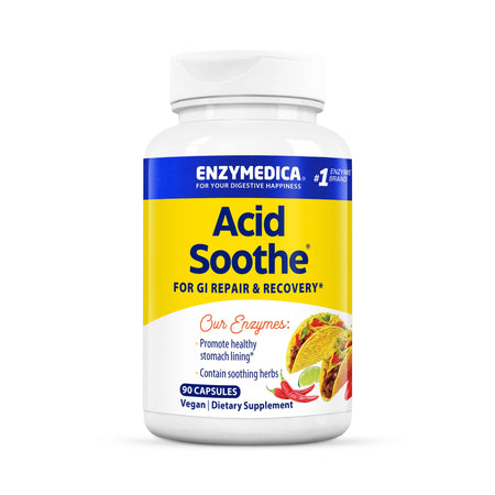 Flasche mit Enzymedica Acid Soothe Kapseln, 90 Stück, für Magen-Darm-Gesundheit, vegan.