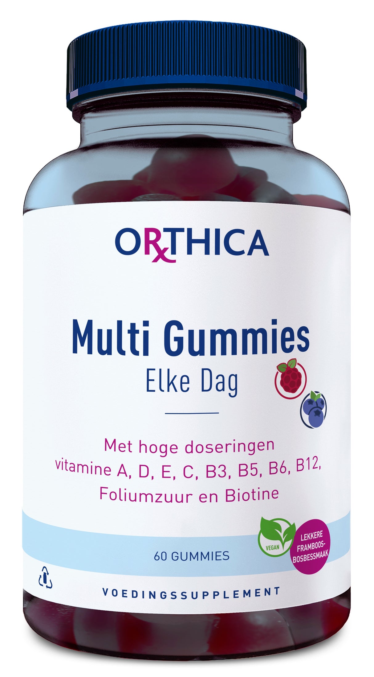 Ein Glasbehälter mit blauen Deckel, beschriftet mit 'ORTHICA Multi Gummies Elke Dag'. Enthält 60 Gummibärchen mit Vitaminen A, D, E, C, B3, B5, B6, B12, Folsäure und Biotin. Der Behälter zeigt Symbole für vegan und Himbeer-Blaubeer-Geschmack.