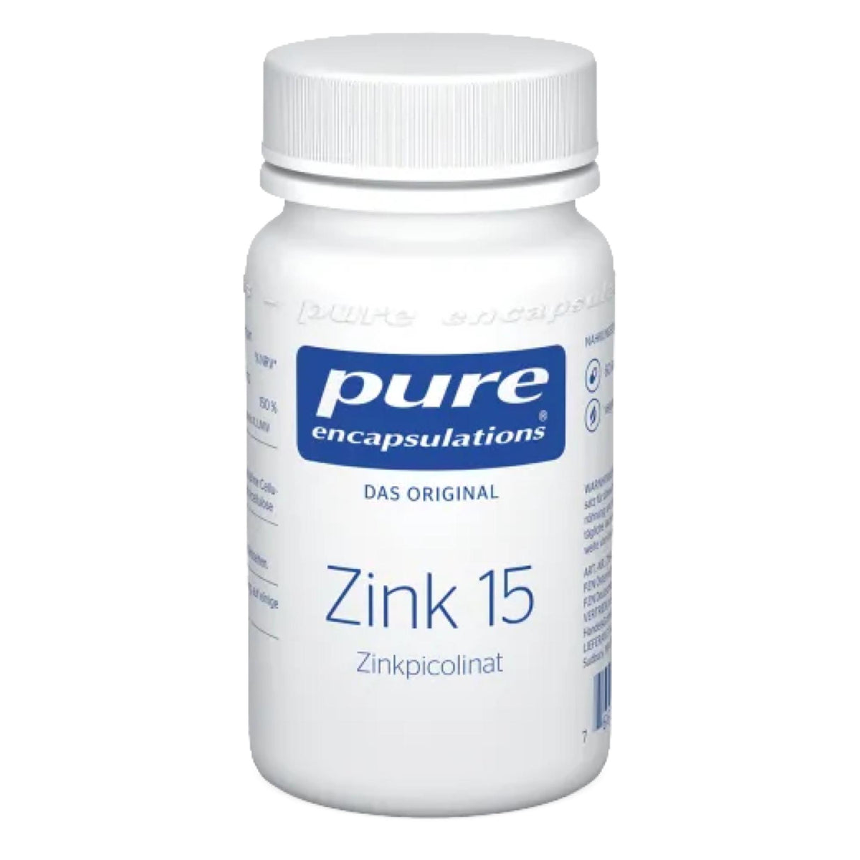 Eine weiße Kunststoffflasche mit einem blauen Etikett, auf dem "pure encapsulations" steht. Darunter steht "Das Original" und "Zink 15 Zinkpicolinat". Die Flasche ist zylindrisch mit einem Schraubverschluss. Keine weiteren Objekte oder Personen sind im Bild zu sehen.
