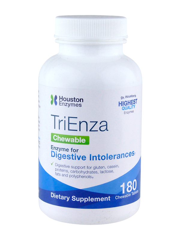 Eine weiße Plastikflasche mit dem Aufdruck 'TriEnza Chewable' von Houston Enzymes. Die Flasche enthält 180 kaubare Tabletten, die bei Verdauungsintoleranzen helfen sollen. Auf der Flasche sind Informationen zu den Inhaltsstoffen und der Qualität des Produkts angegeben.
