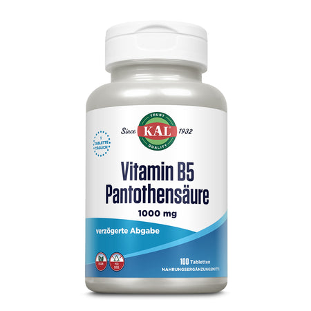 Eine weiße Plastikflasche mit einem Etikett, das "Vitamin B5 Pantothensäure 1000 mg" zeigt. Das Etikett ist überwiegend blau mit dem Markennamen "KAL" in einem roten Kreis oben. Es gibt auch Hinweise auf verzögerte Abgabe und die Anzahl von 100 Tabletten.