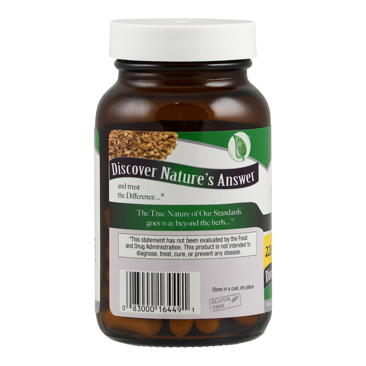 Ein braunes Glas mit weißem Deckel, etikettiert mit 'Discover Nature's Answer'. Auf dem Etikett sind Text und ein Barcode sichtbar. Die Verpackung enthält Nahrungsergänzungsmittel.