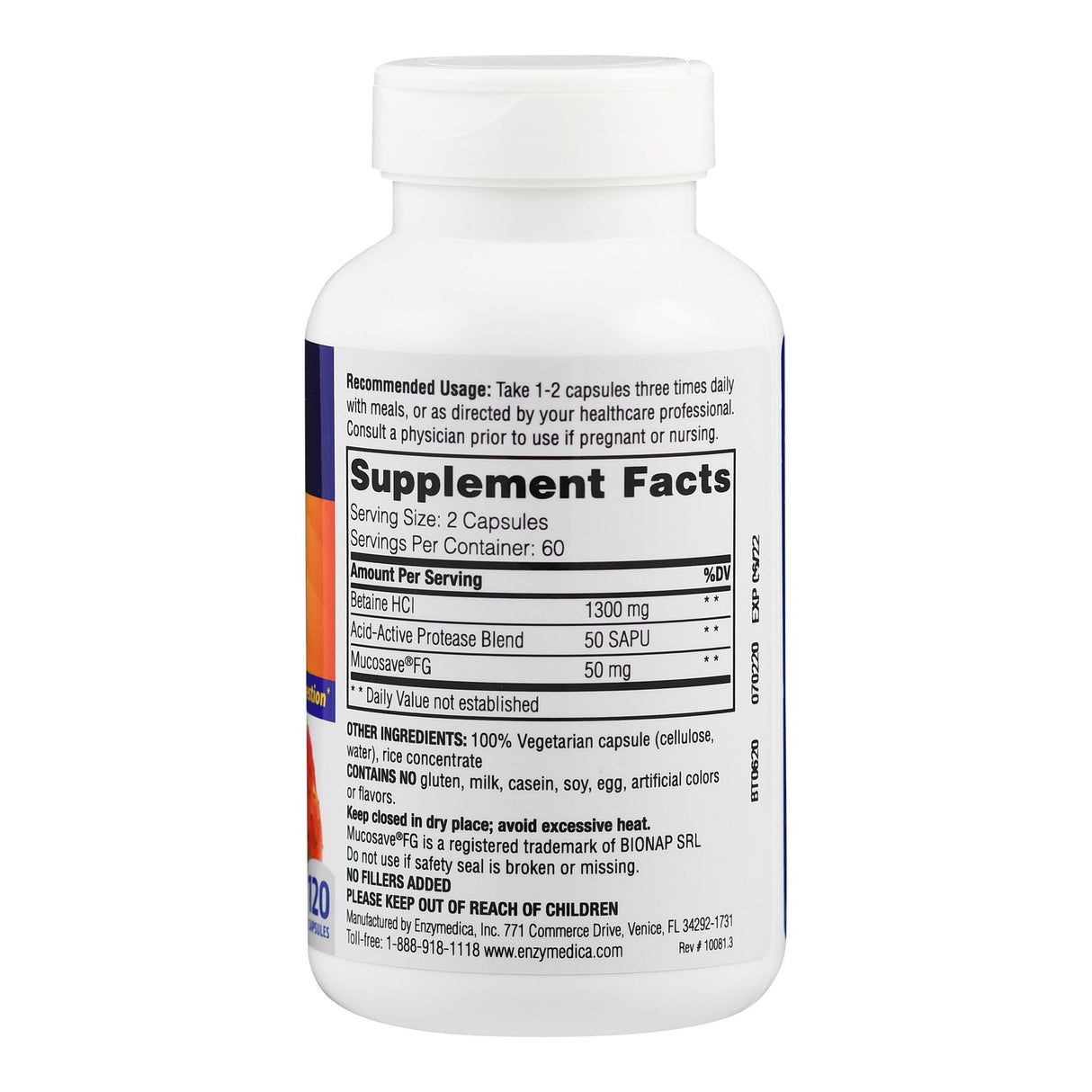 Flasche mit Nahrungsergänzungsmittel, Etikett zeigt Inhaltsstoffe: Betaine HCl, Protease-Mischung, Mucosave. 60 Portionen, vegetarische Kapseln.