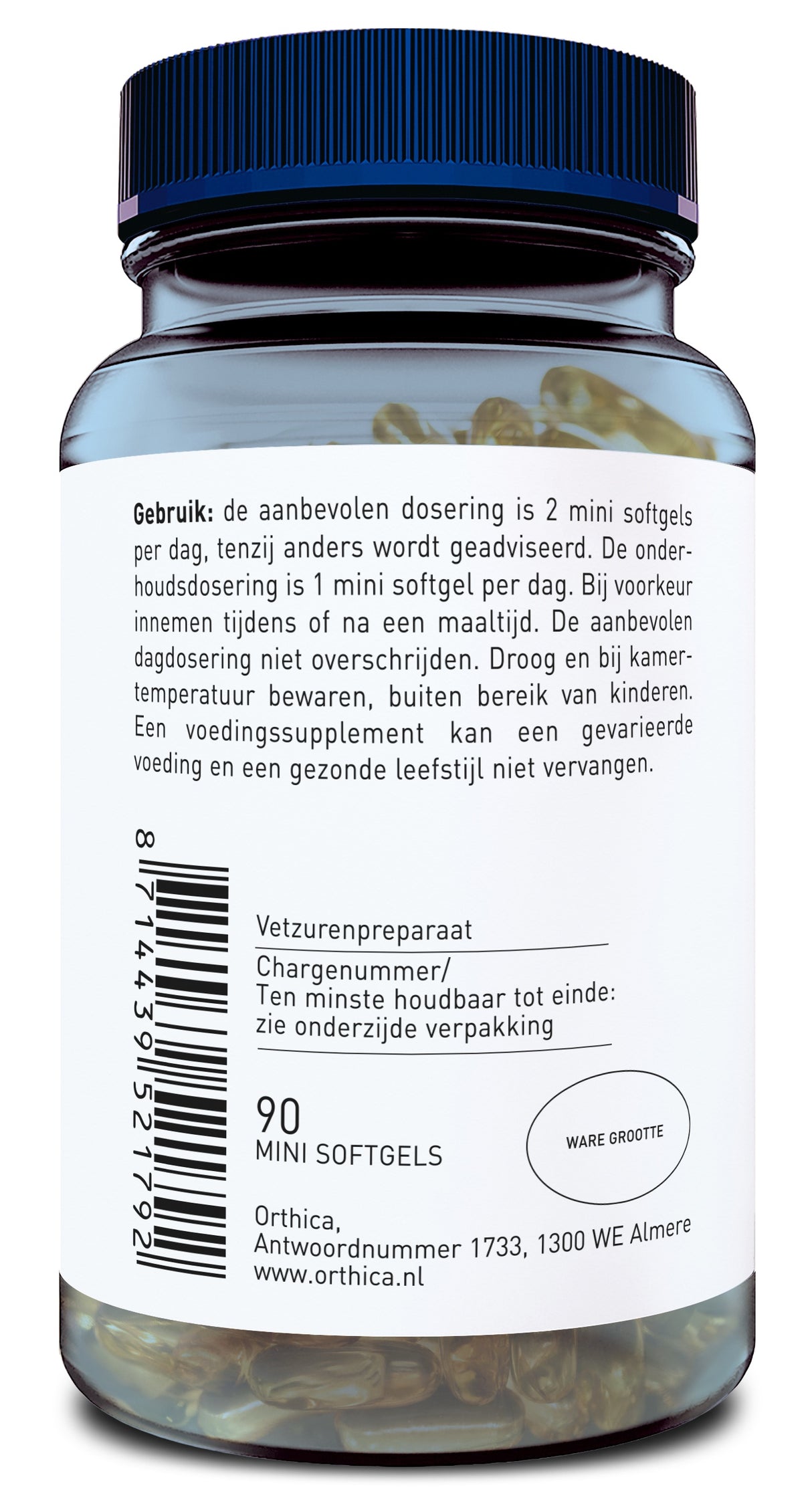 Das Bild zeigt eine Flasche mit Nahrungsergänzungsmitteln der Marke Orthica. Die Flasche hat einen blauen Deckel und enthält 90 Mini-Softgels. Auf dem Etikett stehen Dosierungshinweise und Herstellerinformationen auf Niederländisch. Ein Barcode ist ebenfalls sichtbar. Die Flasche ist transparent, sodass die gelben Softgels im Inneren zu sehen sind.