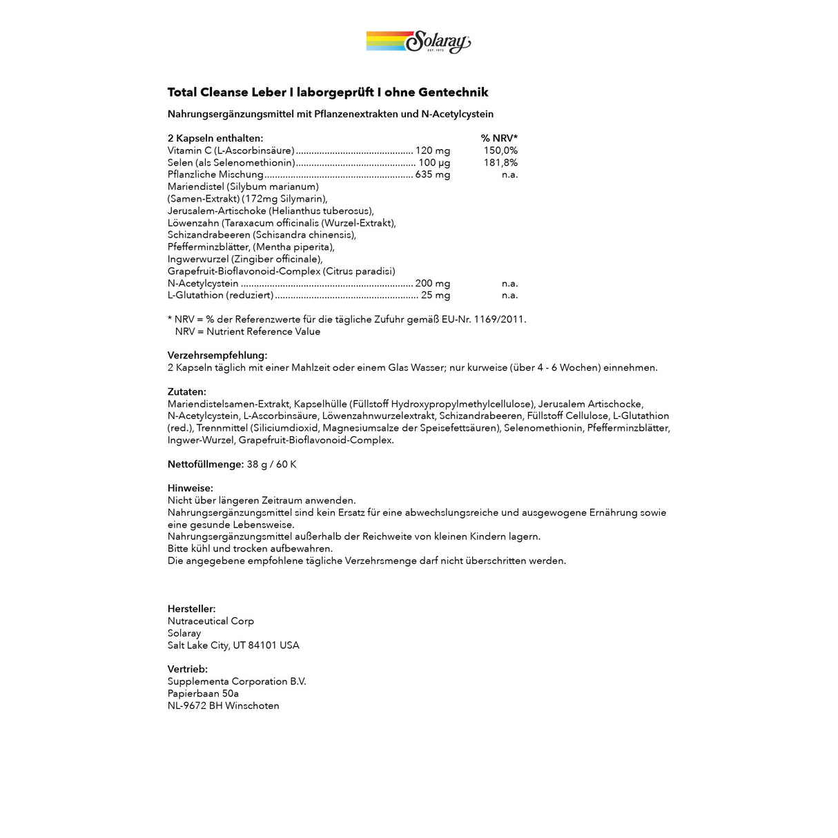 Ein Etikett für ein Nahrungsergänzungsmittel von Solaray mit dem Namen 'Total Cleanse Leber'. Es enthält Informationen zu Inhaltsstoffen wie Mariendistel und Löwenzahn sowie zur Verzehrempfehlung und Herstellerangaben. Das Etikett ist in deutscher Sprache und gibt Hinweise zur Anwendung und Lagerung.