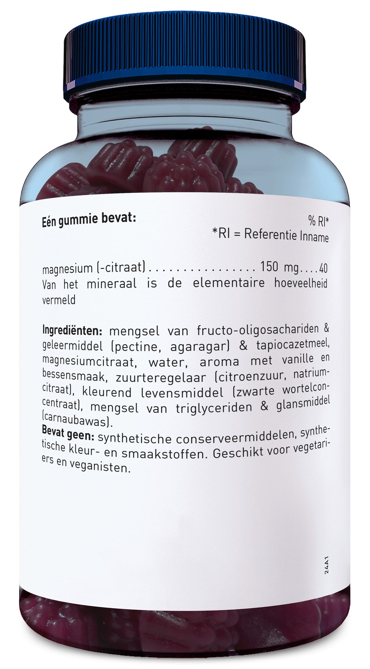 Das Bild zeigt eine durchsichtige Kunststoffflasche mit einem blauen Schraubverschluss, die mit dunkelroten Gummibärchen gefüllt ist. Auf dem weißen Etikett sind in niederländischer Sprache die Inhaltsstoffe und Nährwerte aufgedruckt. Die Gummibärchen enthalten Magnesiumcitrat und sind frei von synthetischen Konservierungsmitteln sowie Farb- und Aromastoffen. Sie sind für Vegetarier und Veganer geeignet.