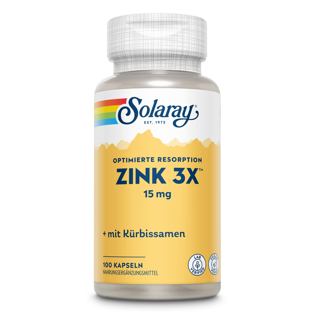 Die Abbildung zeigt eine Flasche mit Nahrungsergänzungsmitteln der Marke Solaray. Auf der Flasche steht 'Optimierte Resorption Zink 3X 15 mg' und 'mit Kürbissamen'. Die Flasche enthält 100 Kapseln. Das Etikett ist gelb mit einem bunten Streifen oben. Unten sind Symbole für Labortests und vegetarische Eignung abgebildet.