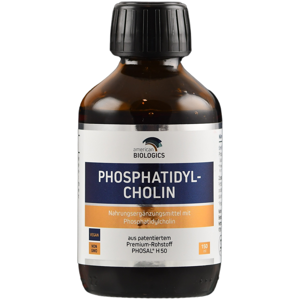 Eine braune Glasflasche mit schwarzem Schraubverschluss, etikettiert mit 'American Biologics Phosphatidyl-Cholin'. Das Etikett zeigt Informationen über das Nahrungsergänzungsmittel, einschließlich 'vegan' und 'non-GMO'. Die Flasche enthält 150 ml.