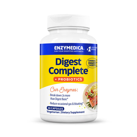 Das Bild zeigt eine weiße Plastikflasche mit einem blauen und gelben Etikett. Auf dem Etikett steht 'Digest Complete + Probiotics' von Enzymedica. Die Flasche enthält 30 vegetarische Kapseln eines Nahrungsergänzungsmittels. Das Produkt verspricht, die Verdauung zu unterstützen und Blähungen zu reduzieren. Auf dem Etikett sind auch Informationen über die Inhaltsstoffe und die Vorteile des Produkts abgedruckt.