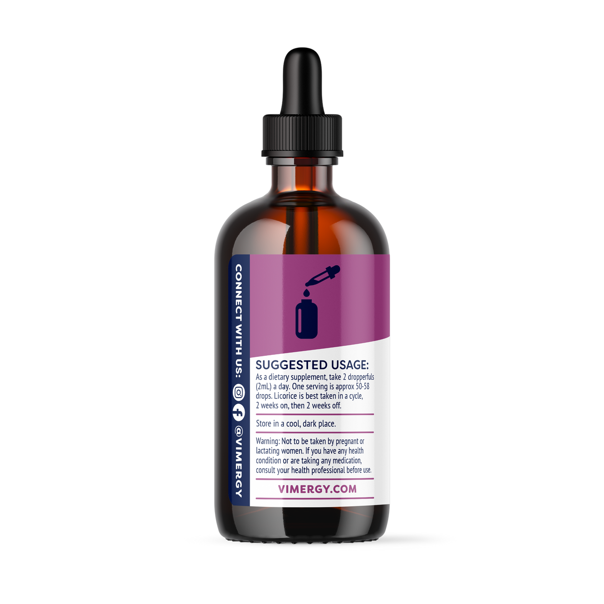 Eine braune Glasflasche mit einer Pipette. Auf dem Etikett steht "SUGGESTED USAGE" mit Anweisungen zur Einnahme von zwei Pipetten pro Tag. Die Flasche gehört zur Marke VIMERGY.COM und hat soziale Medien-Links auf dem Etikett. Die Flasche ist für die Lagerung an einem kühlen, dunklen Ort vorgesehen und enthält einen Warnhinweis für schwangere oder stillende Frauen.