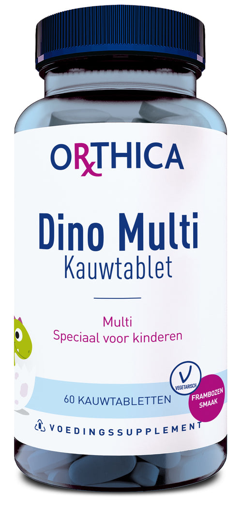 Das Bild zeigt eine Flasche mit dem Etikett 'Orthica Dino Multi Kauwtablet'. Die Flasche enthält 60 Kautabletten für Kinder, mit Himbeergeschmack und ist vegetarisch. Das Etikett ist in Blau- und Rosatönen gehalten.